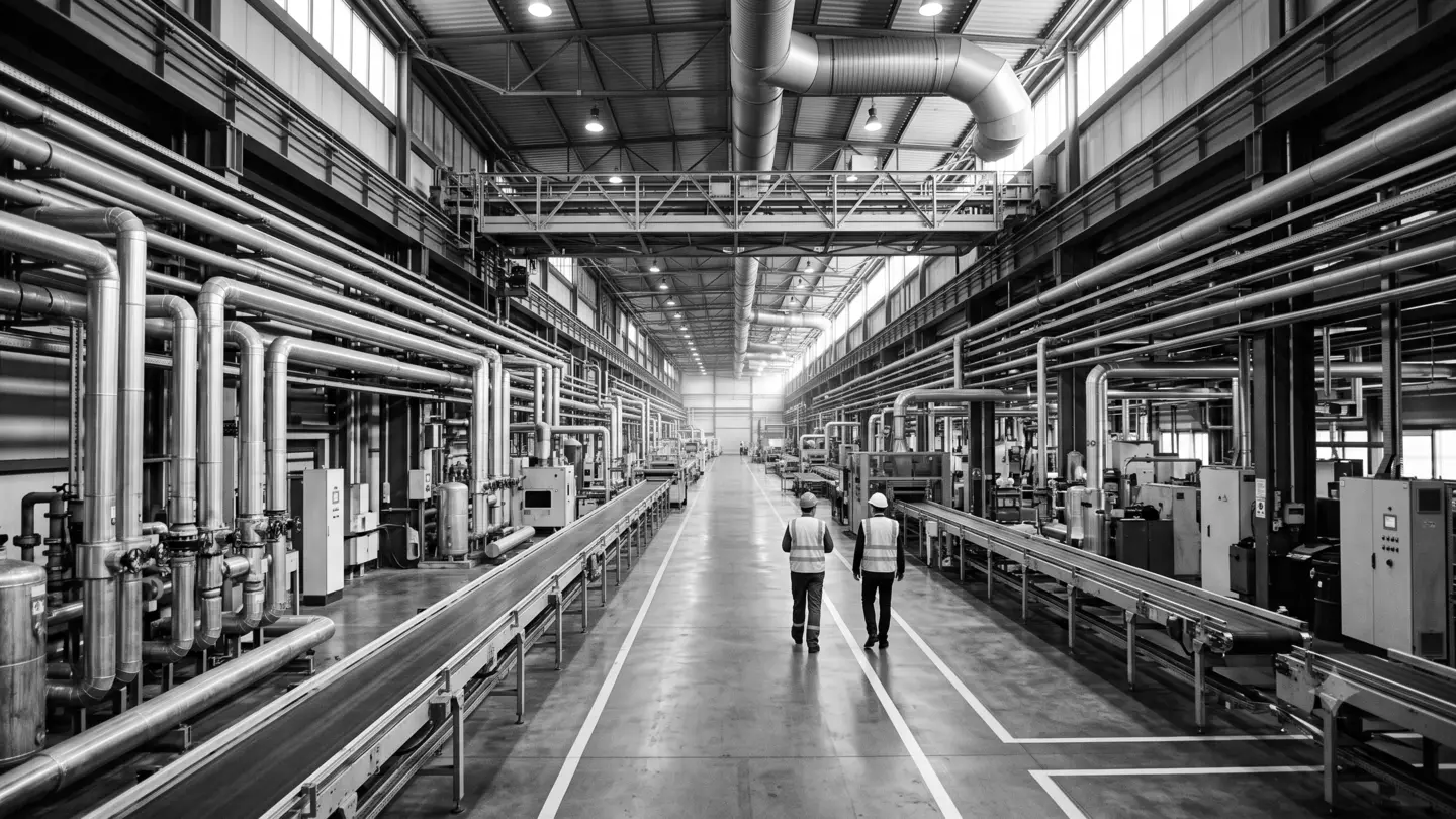 A factory floor running away from the camera between two lines of steel pipework and conveyors, with two workers in hi-vis walking down the centre aisle.