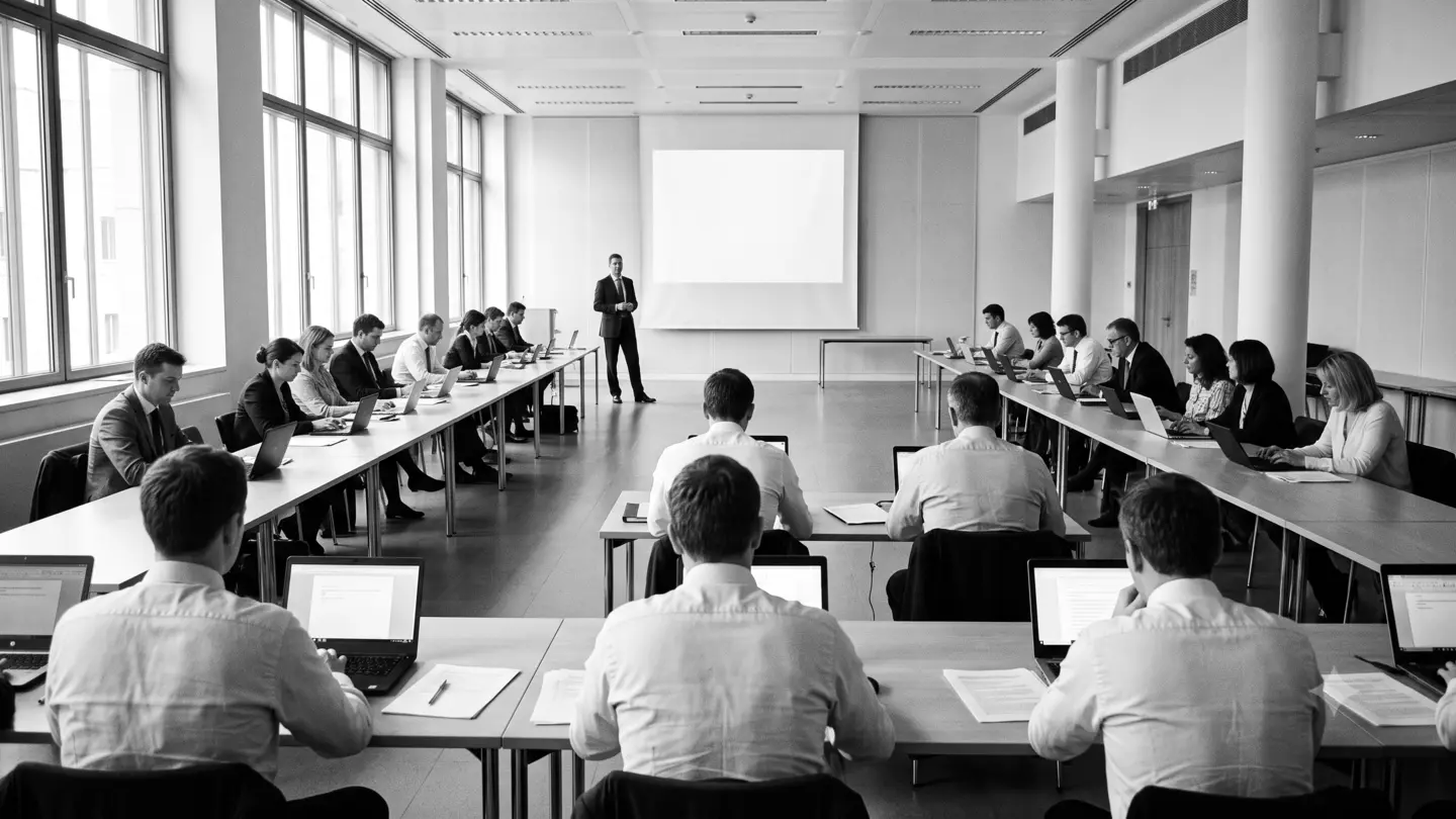 A training room seen from the back: rows of people at long tables with open laptops, facing a presenter beside a blank projection screen.