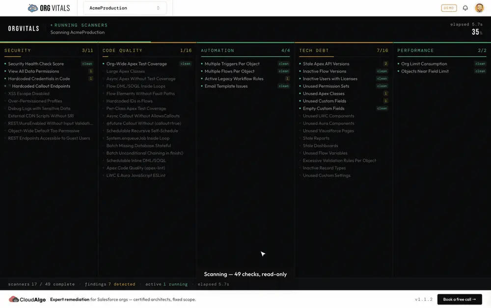 Choosing an org and a set of scanners, then the scan waves running to completion.