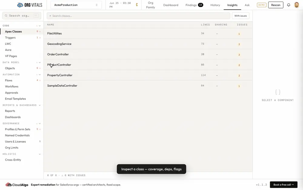 The insights browser, listing metadata by type with issue counts.