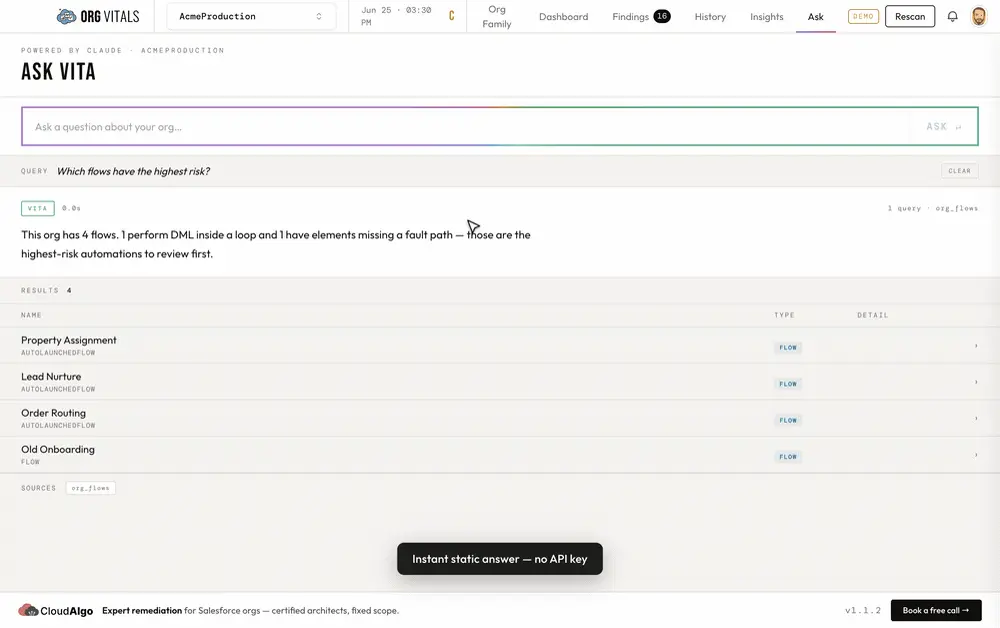 A plain-English question to Vita, answered with linked org records.