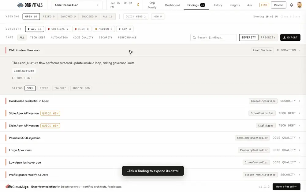 One finding expanded, showing its explanation and status controls.