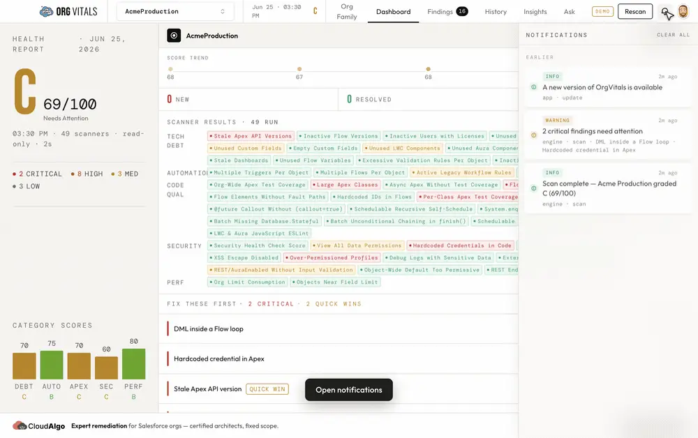 The notifications panel, listing scan results and export outcomes.