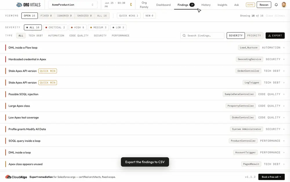 Exporting a PDF health report from the dashboard, and CSV from findings.