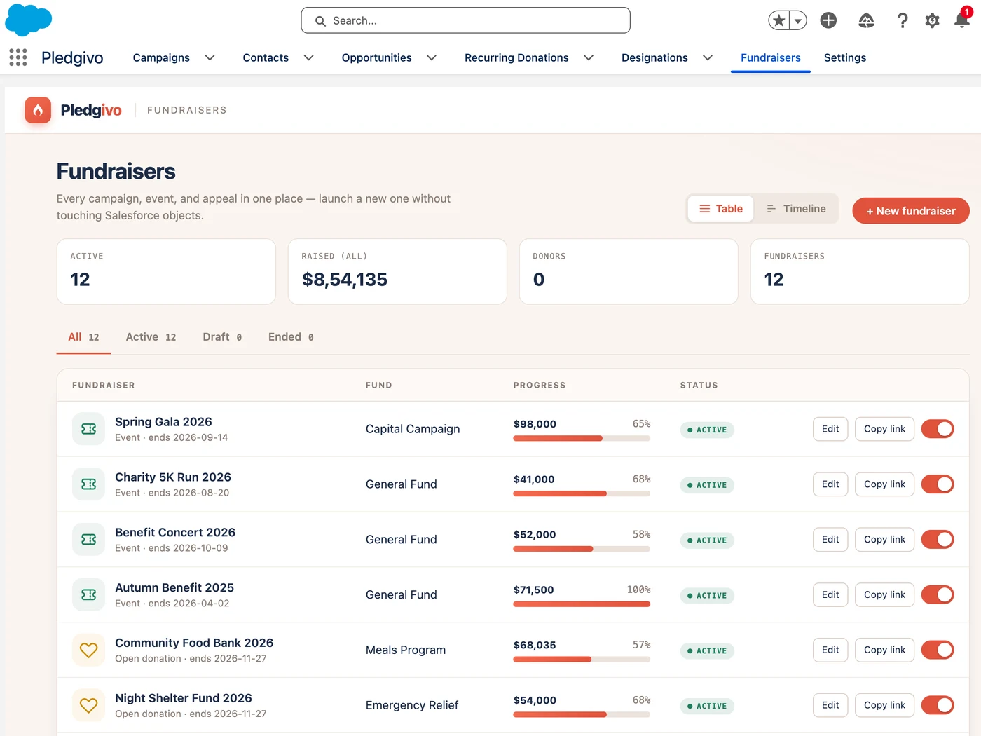 The Pledgivo fundraiser console in Salesforce: campaigns with amounts raised, donor counts and progress against goal.